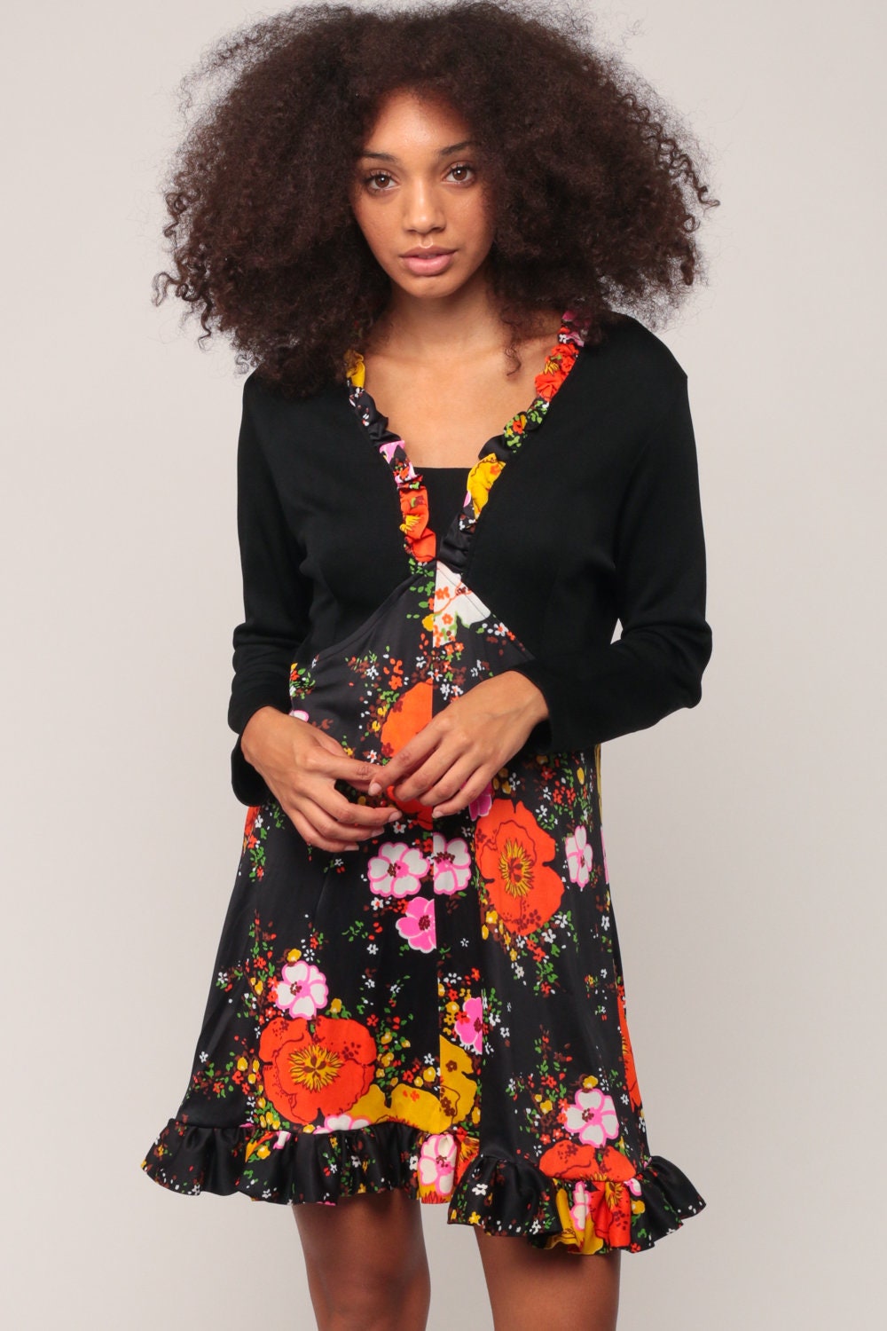 70s Floral Empire Waist Mini Dress Long Sleeve Ruffled Black Large