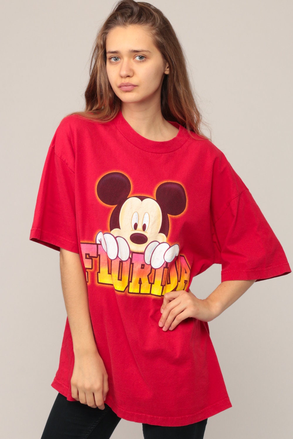 90s Mickey Mouse Florida Graphic T-Shirt Disney Unisex Red Extra Large