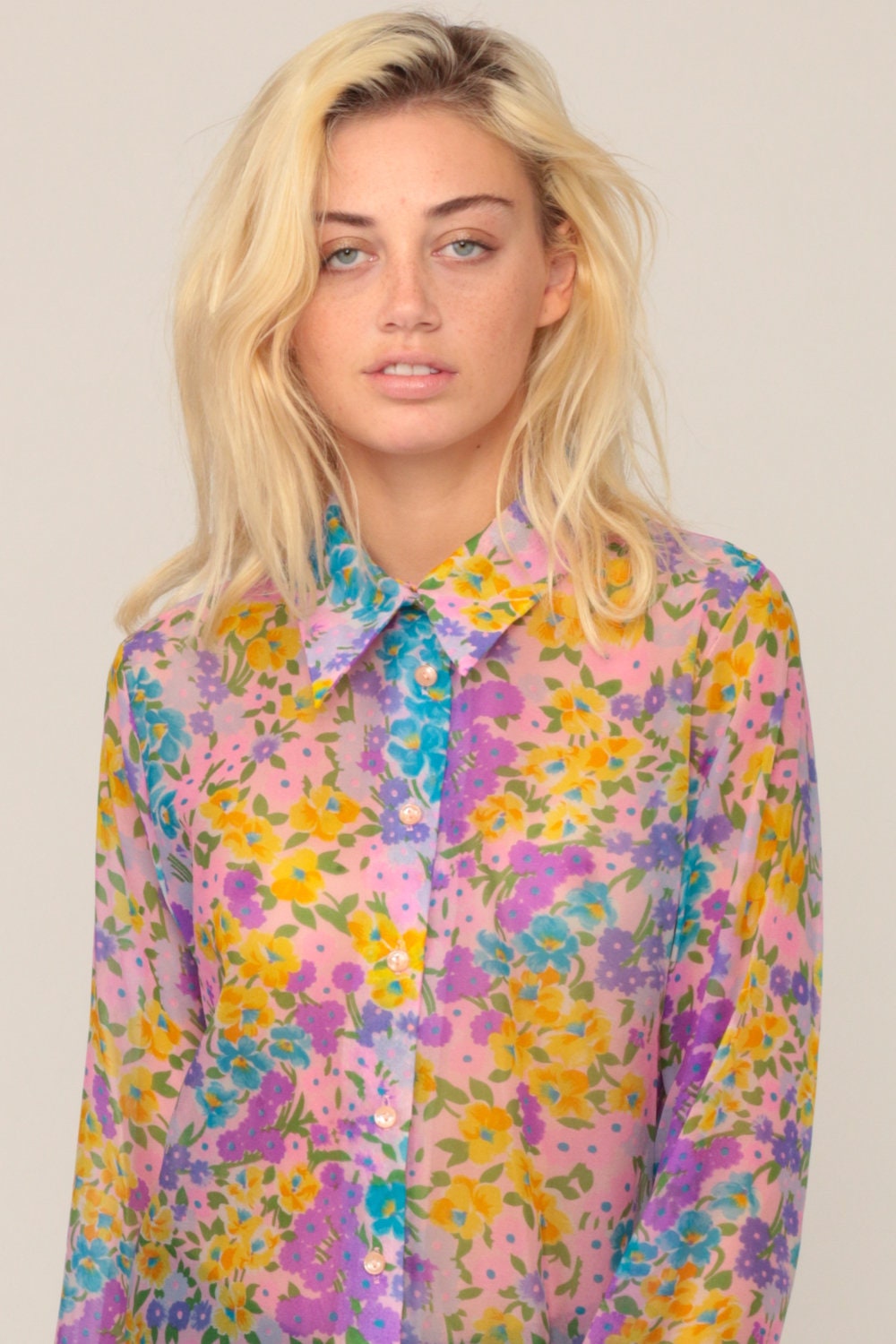 70s Floral Sheer Button-Up Blouse Purple Pink Blue Long Sleeve Medium Large