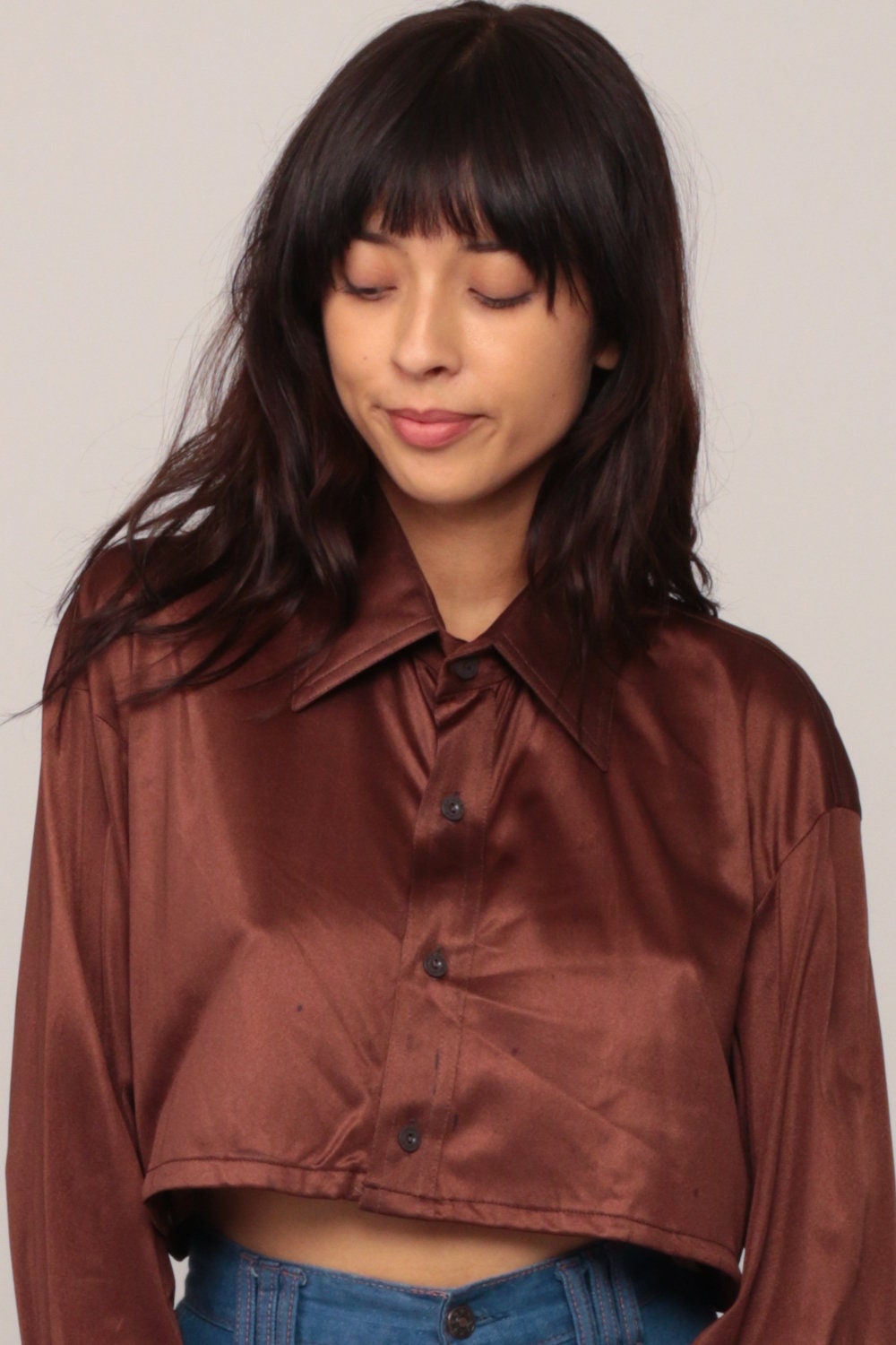 70s Brown Silky Crop Top Long Sleeve Button Up Shirt Large