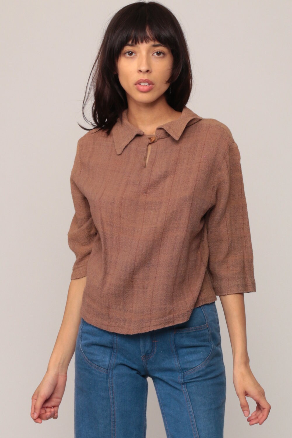 70s Floral Embroidered Brown Cotton Blouse 3/4 Sleeve Large