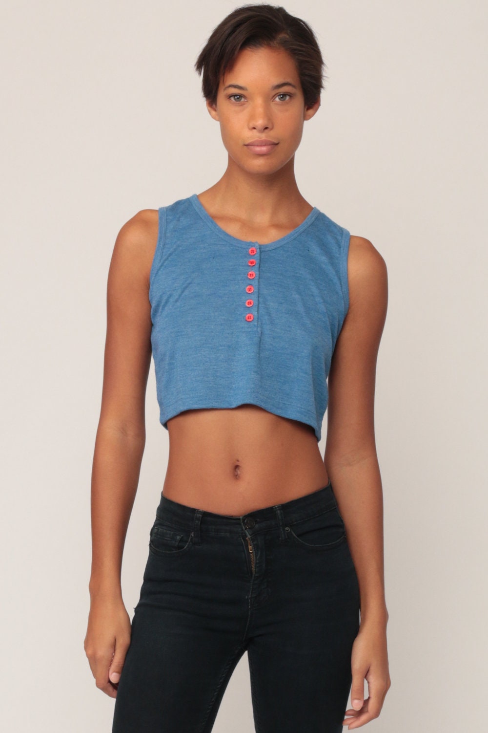 80s Blue Sleeveless Crop Top Button Tank Extra Small XS