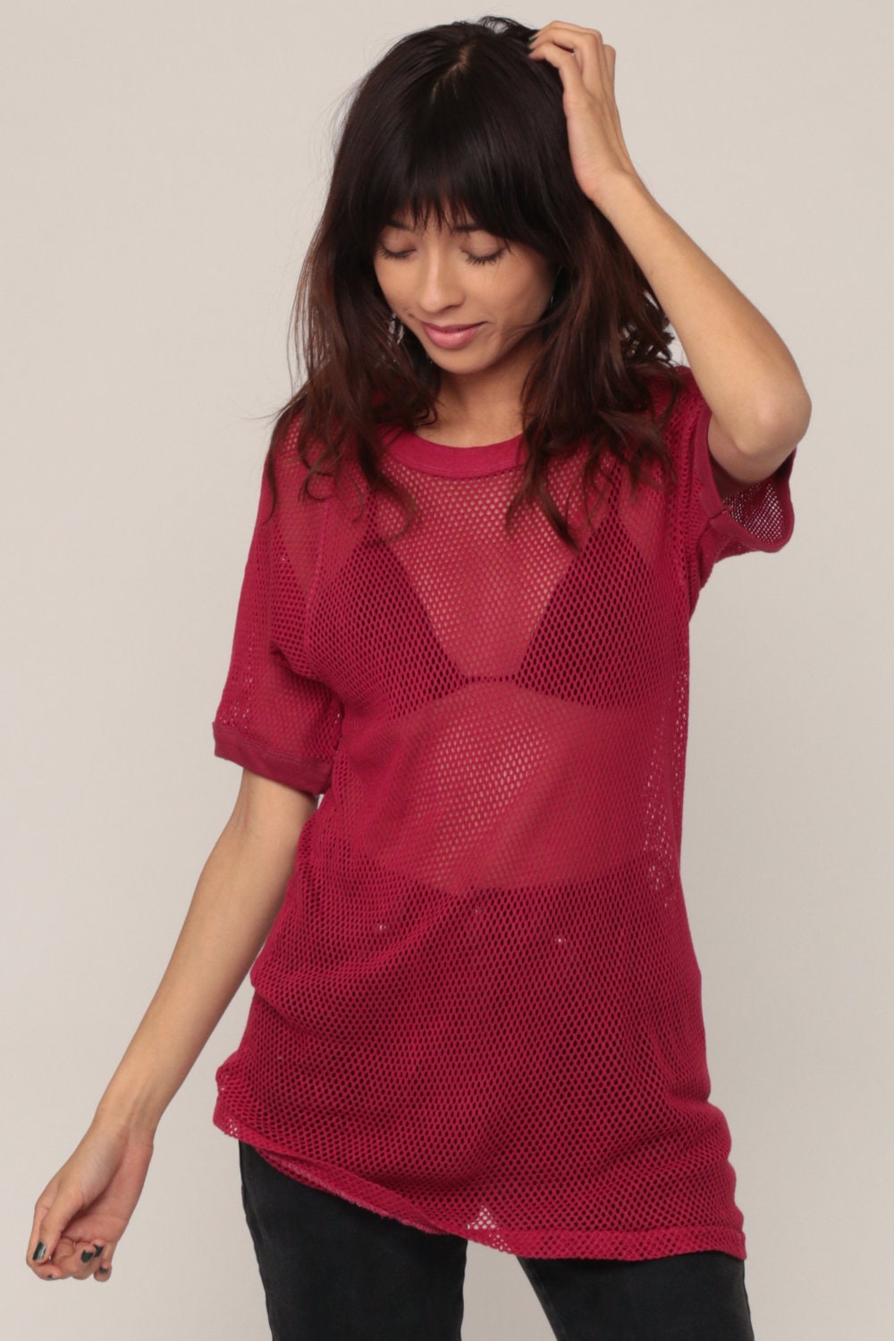 80s Burgundy Mesh Raglan Jersey Shirt Sheer Cotton Tee Medium Large