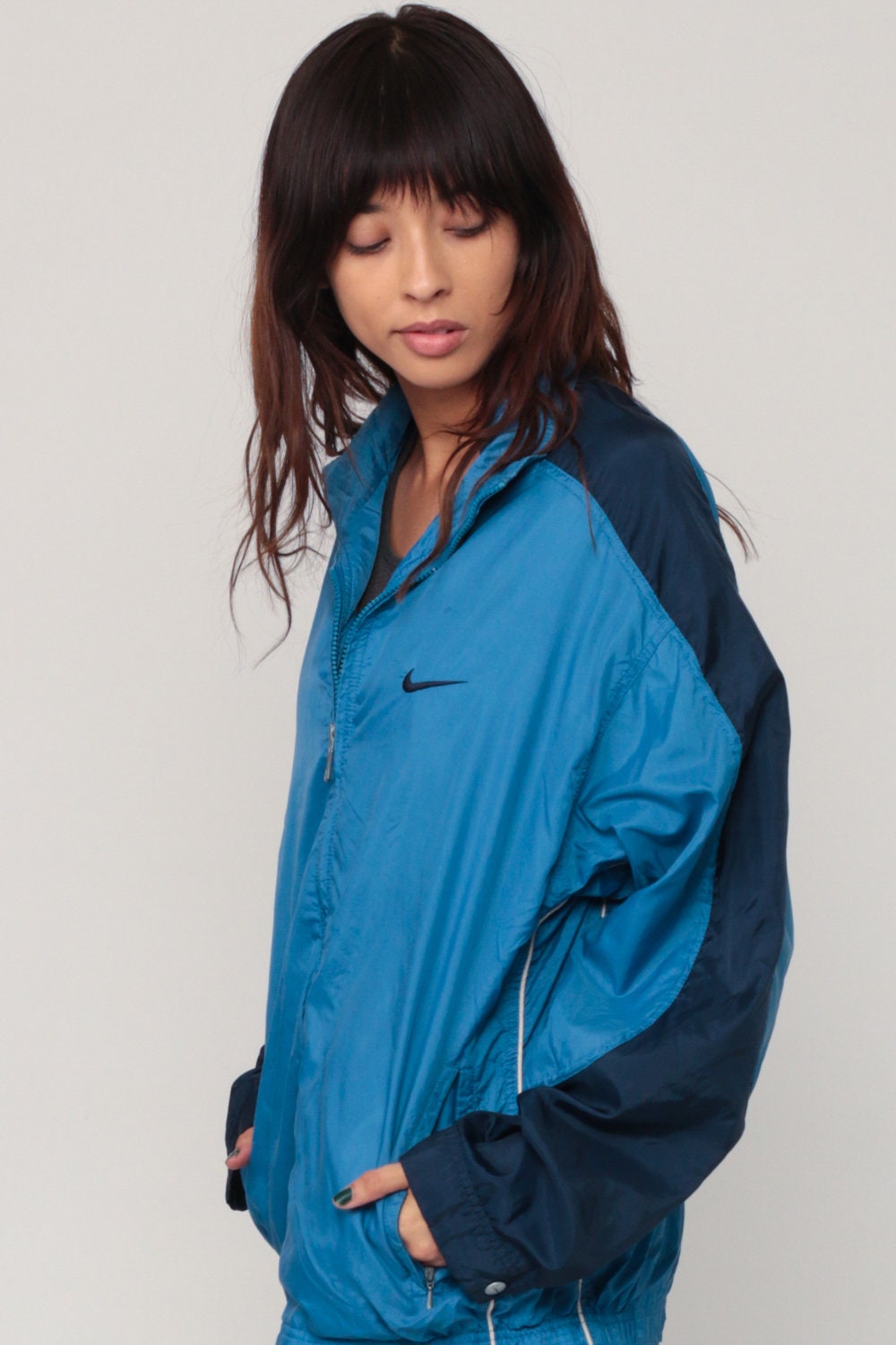 90s Nike Blue Striped Windbreaker Jacket Zip Shell Medium