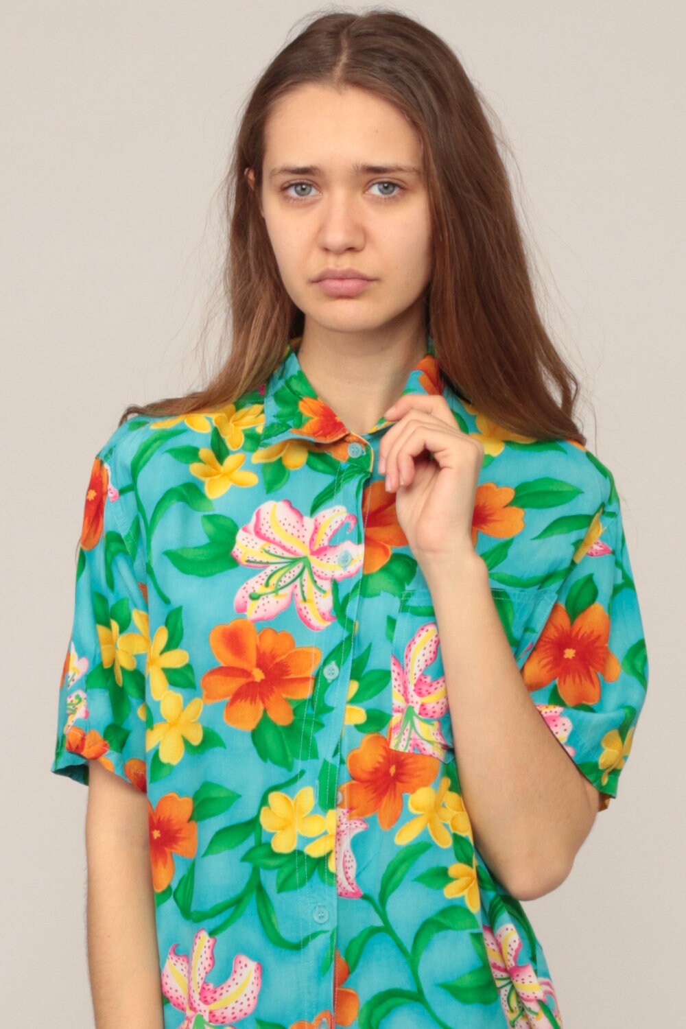 80s Hawaiian Floral Shirt Turquoise Button-Up Blouse Shoulder Pads Medium