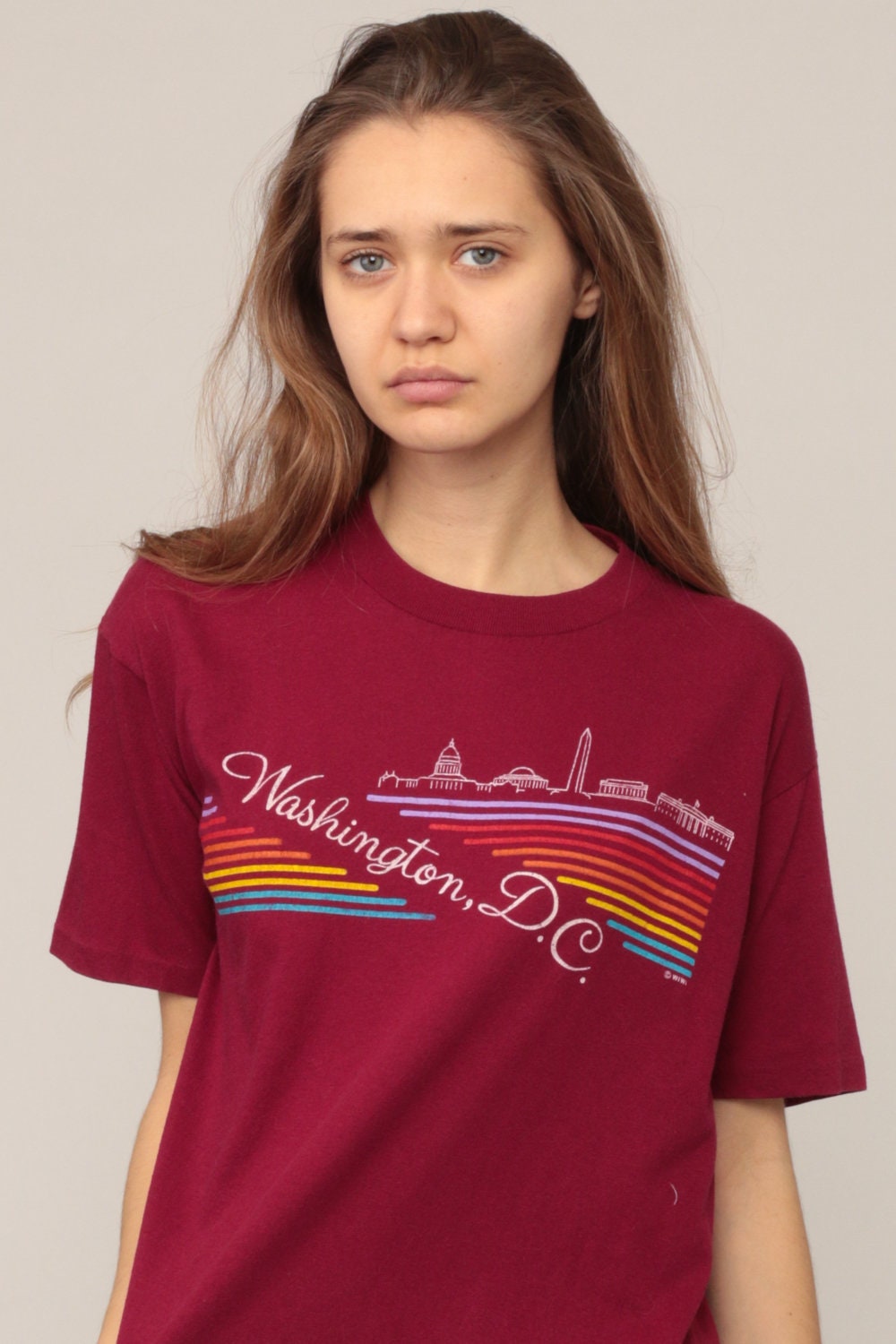 80s Washington DC Skyline Graphic T-Shirt Burgundy Rainbow Stripe Large