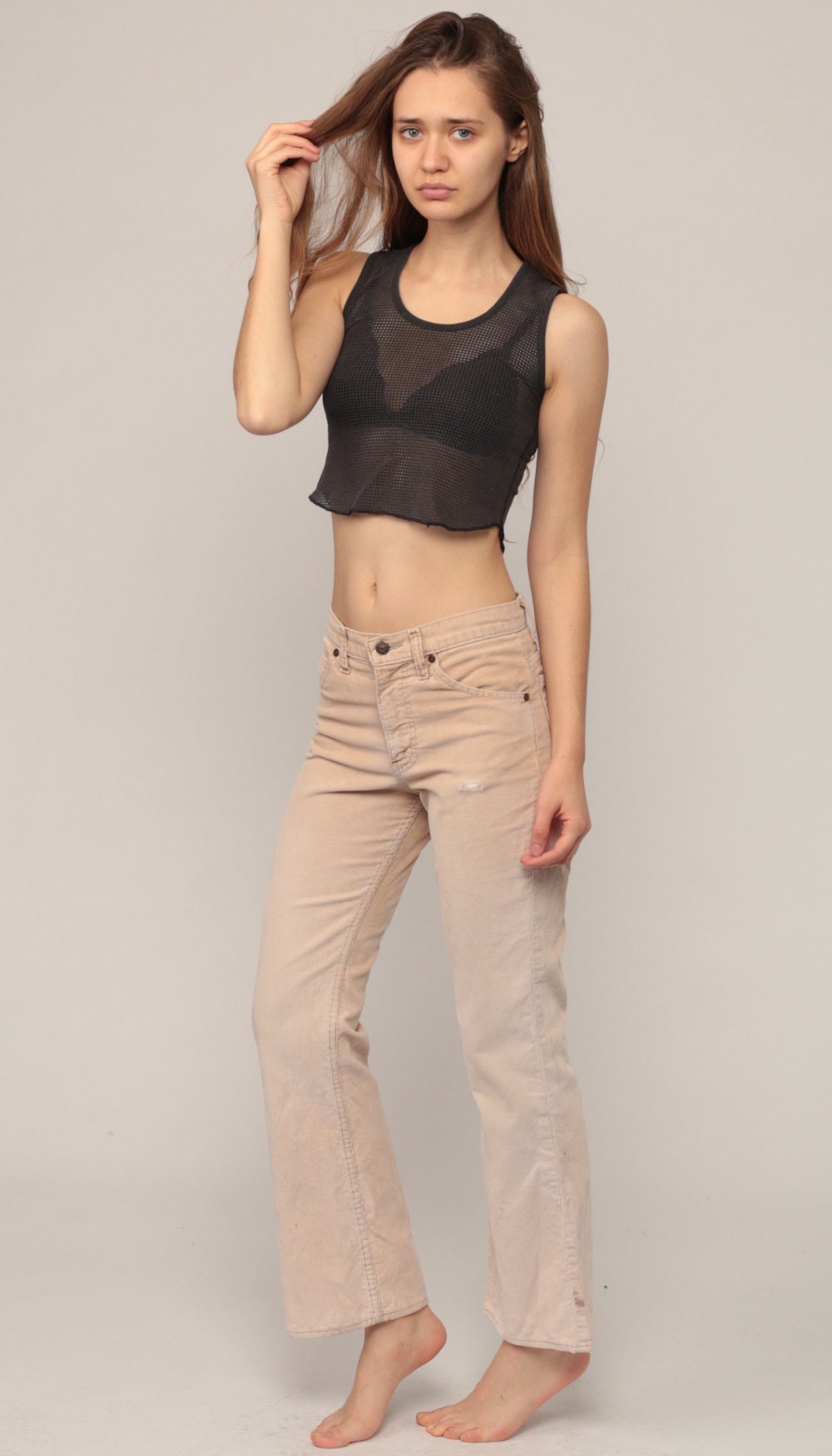 70s Plain Pockets Corduroy Bell Bottom Trousers Tan High Waist Small