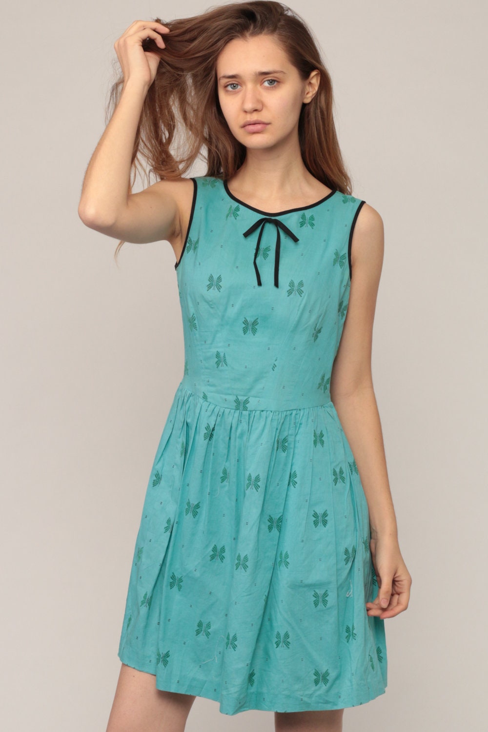 60s Butterfly Print Turquoise Mini Dress Cotton Sleeveless High Waist Small