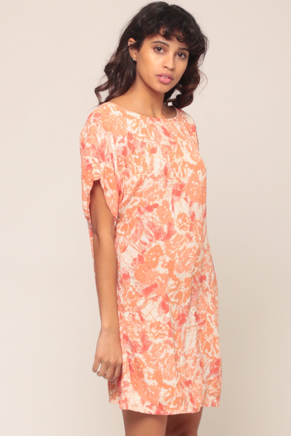 90s Orange Floral Print T-Shirt Dress Micro Mini Tunic Medium