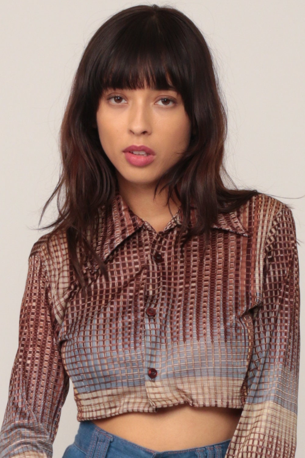 70s Checkered Button-Up Blouse Blue Brown Crop Top Small