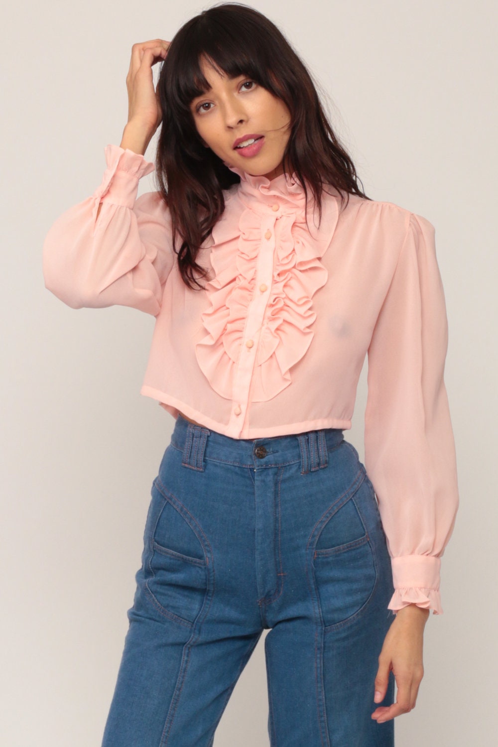 70s Baby Pink Tuxedo Blouse Crop Top Ruffle Sheer Long Sleeve Small