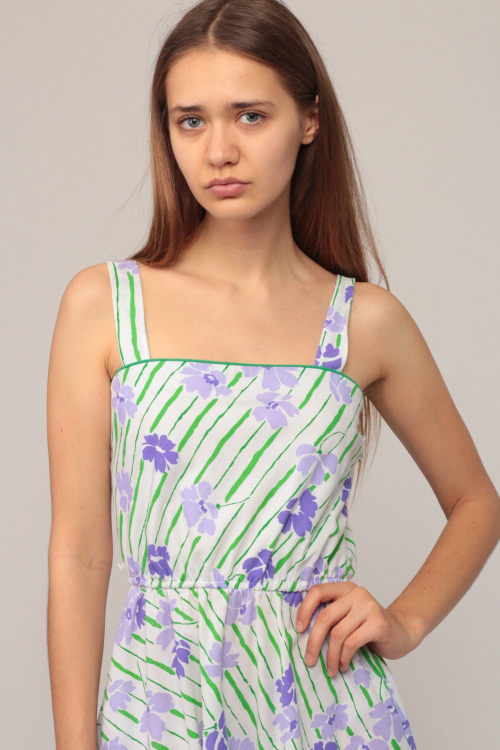 70s Floral Mini Sundress High Waist Tank Green Purple Extra Small