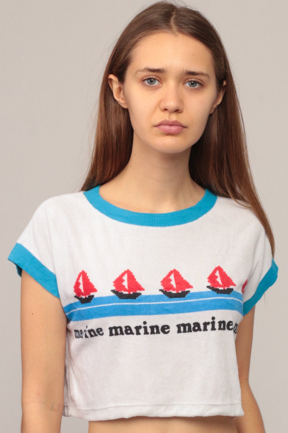 80s Sailboat Graphic Ringer Crop Top Terry Cloth Tee Small Medium