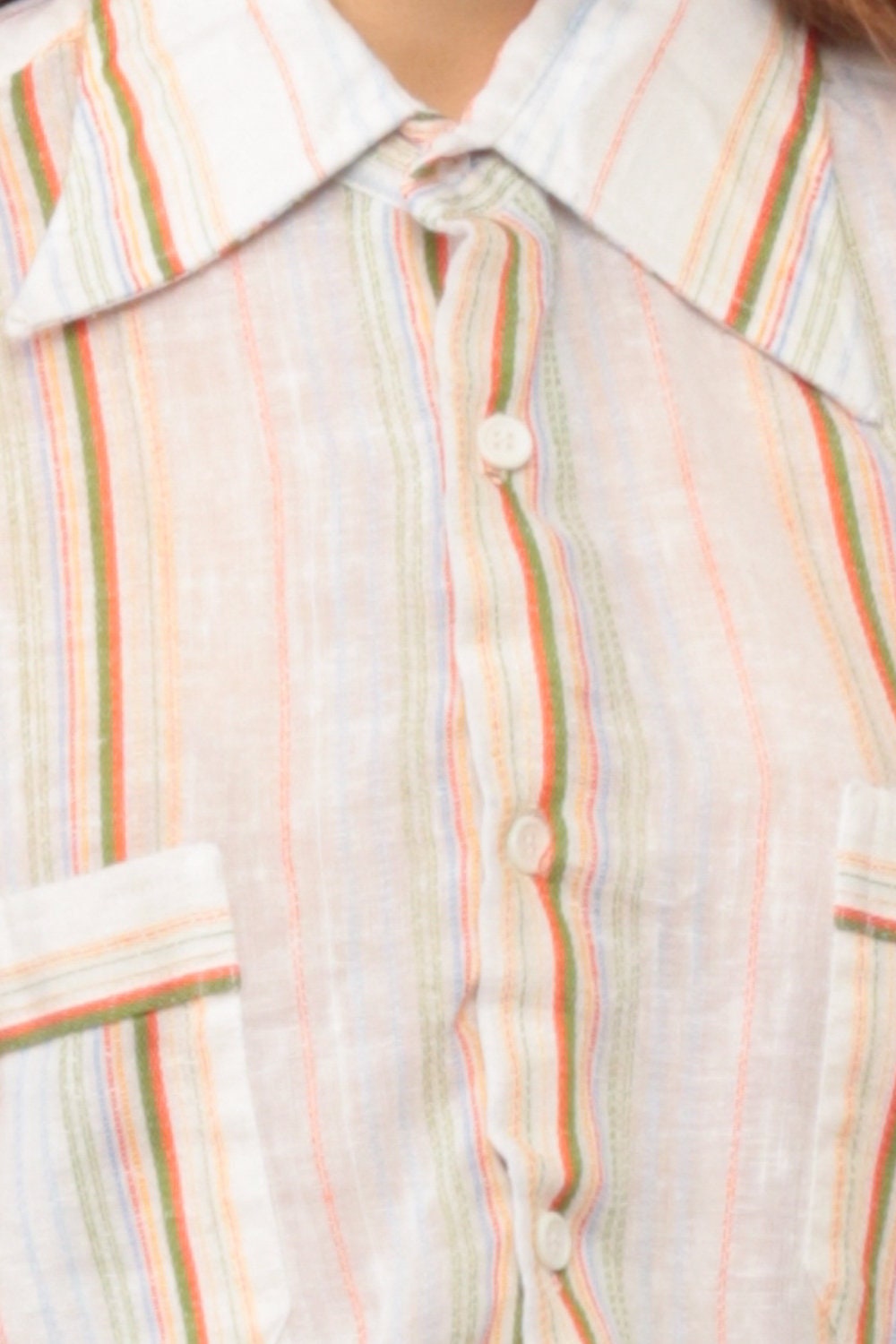 70s Striped Cotton Crop Top Button-Up Blouse Long Sleeve White Small