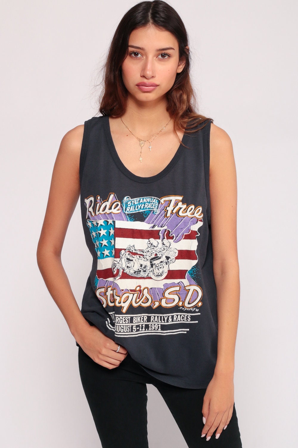 1991 Sturgis Biker Tank Top Ride Free Motorcycle Rally Grey Unisex Extra Large