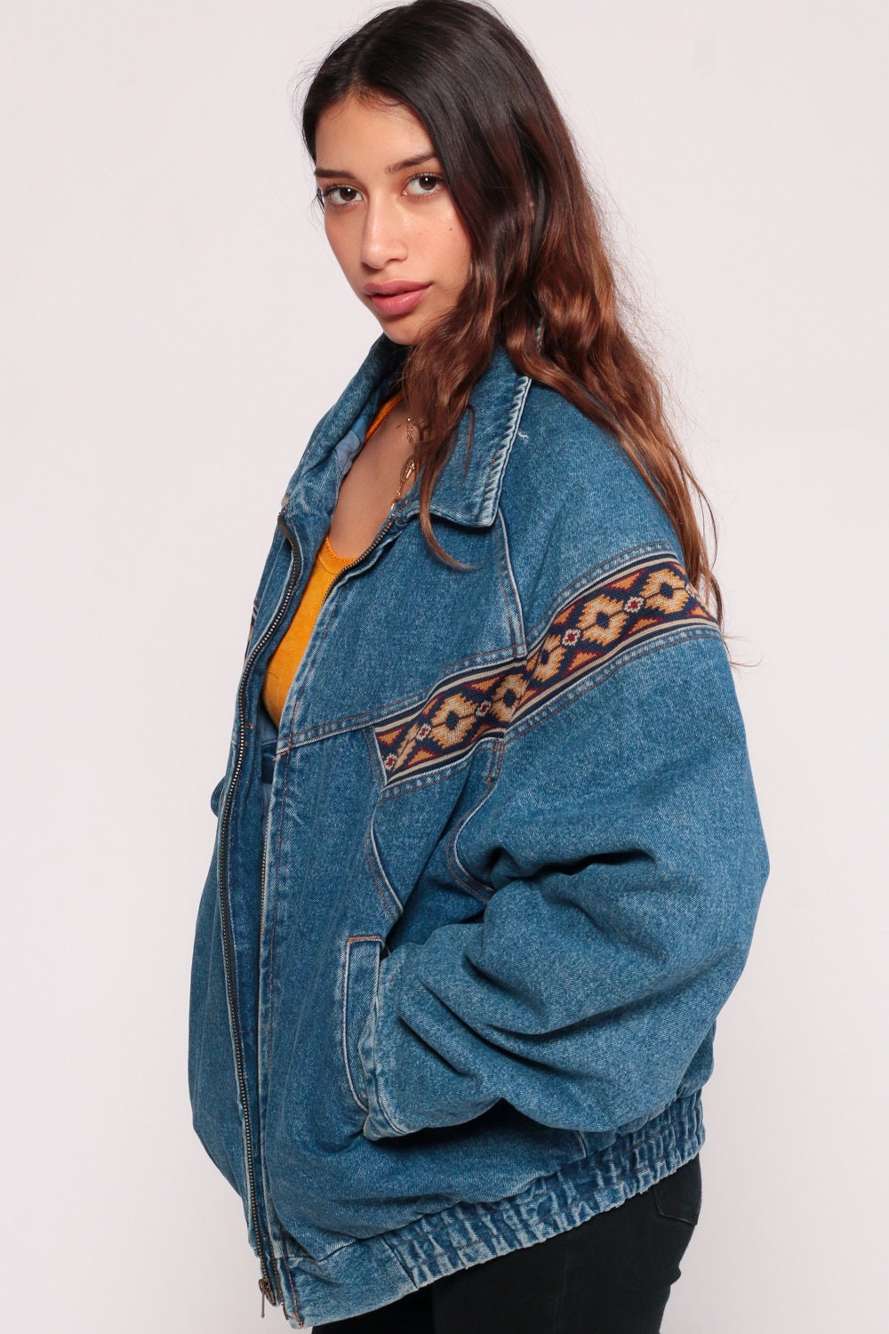 80s Denim Jacket Tribal Trim Blue Jean Bomber Medium Large