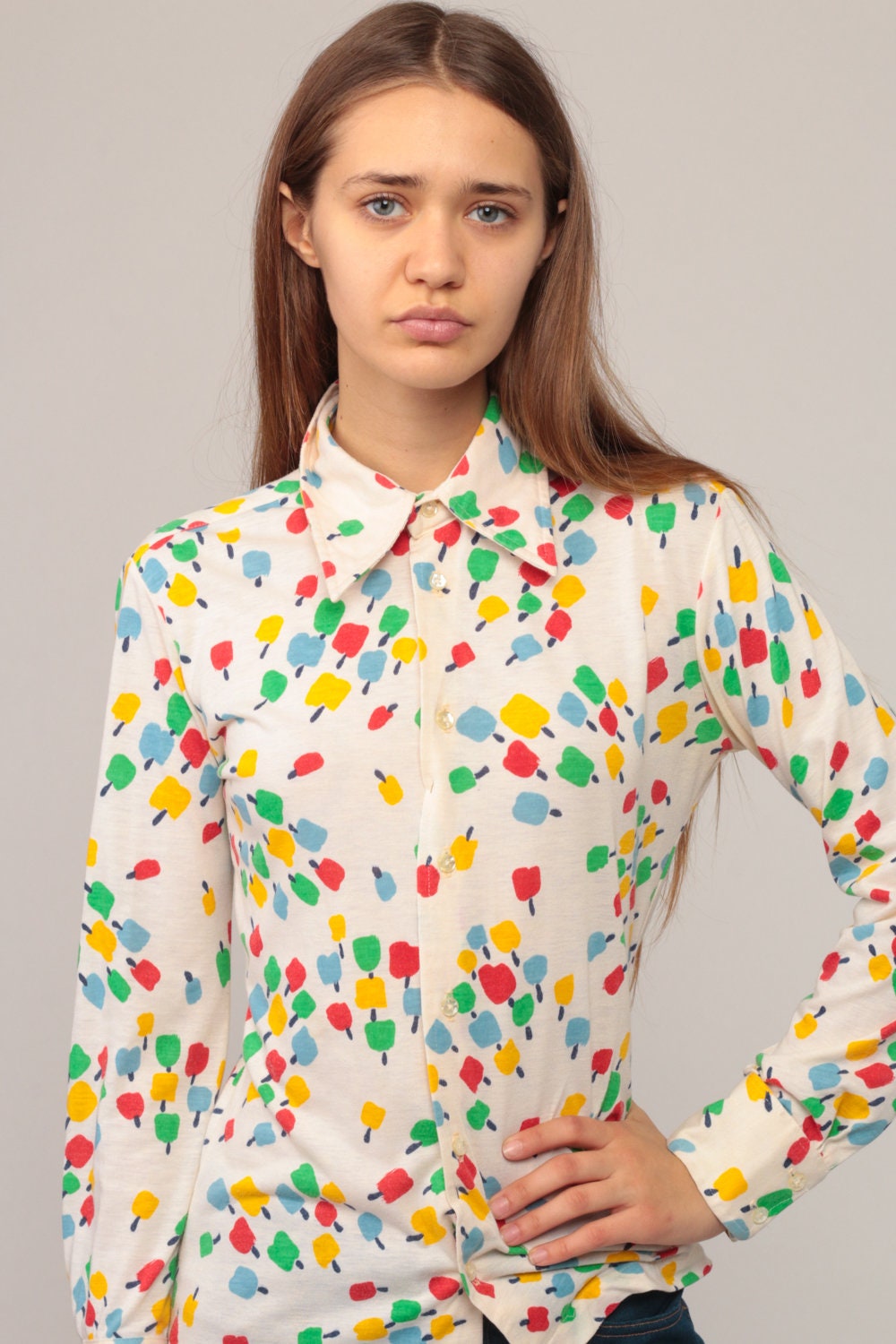 70s Givenchy Apple Print Blouse Cotton Button Up Long Sleeve Small