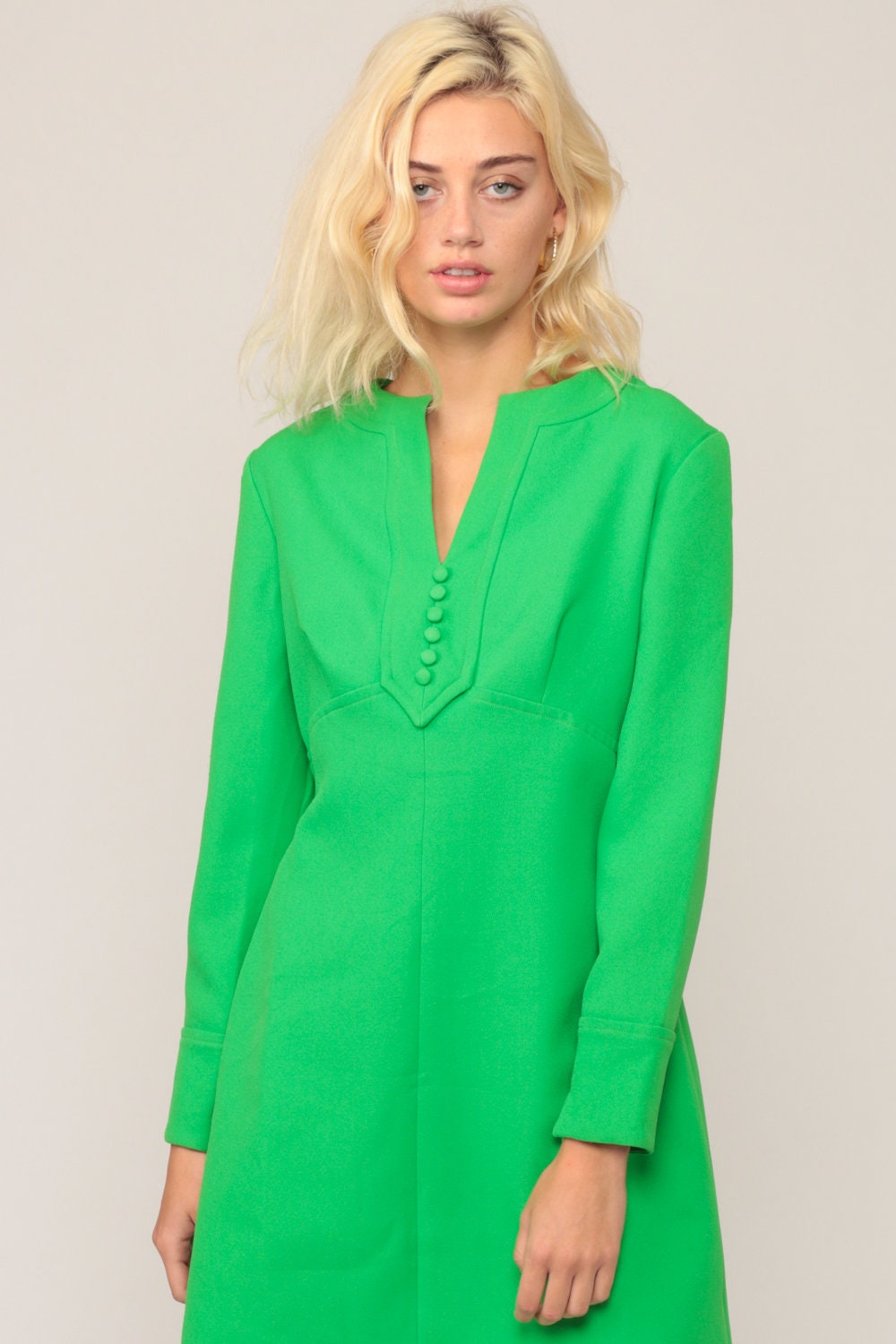 70s Green Mini Dress Empire Waist V Neck Long Sleeve Babydoll Large