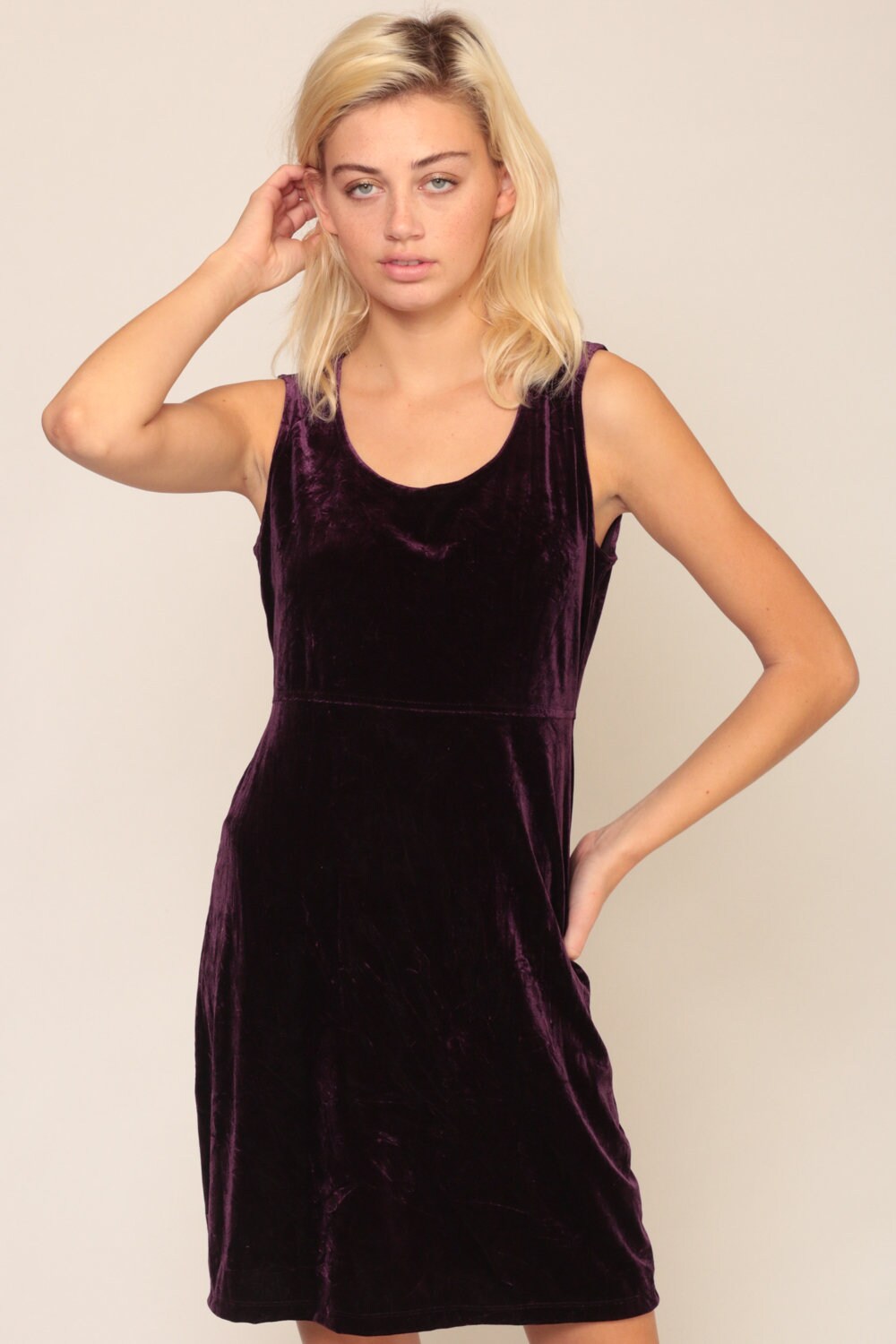 90s Purple Velvet Mini Dress Sleeveless High Waist Medium Large