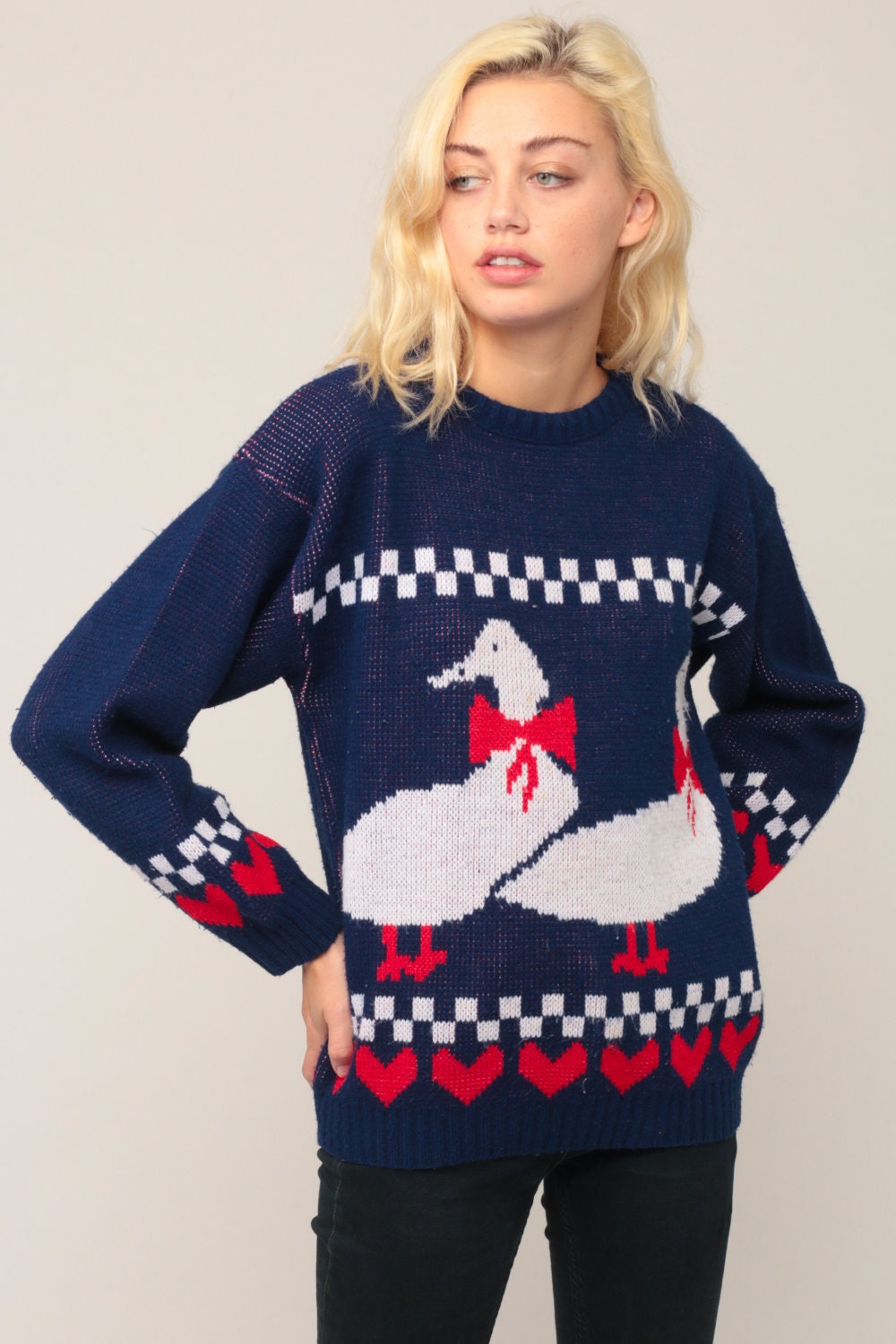80s Duck Sweater Vintage Animal Knit Pullover Navy Blue Large