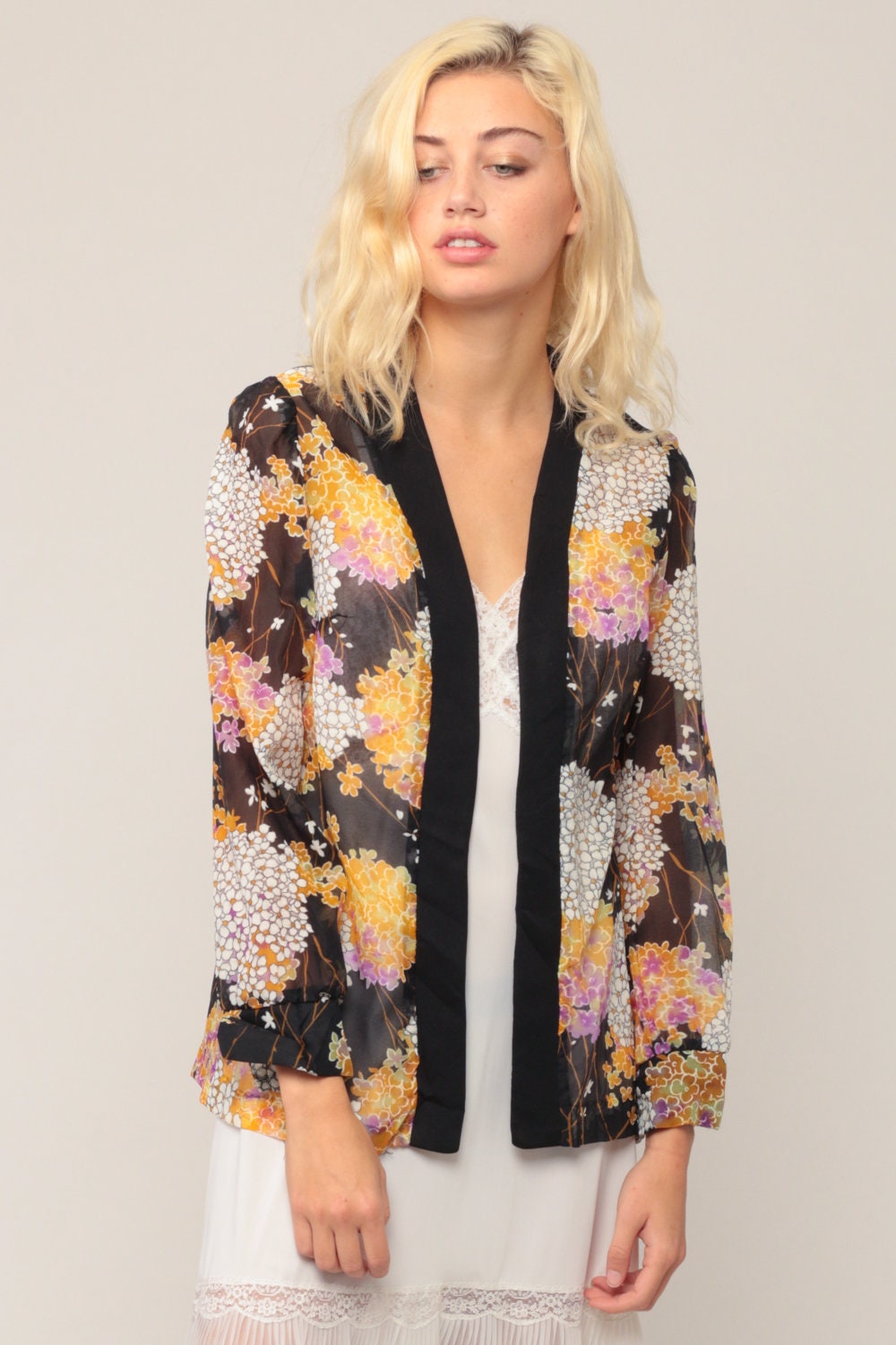 70s Floral Sheer Jacket Black Yellow Purple Open Front Kimono Small Medium Large
