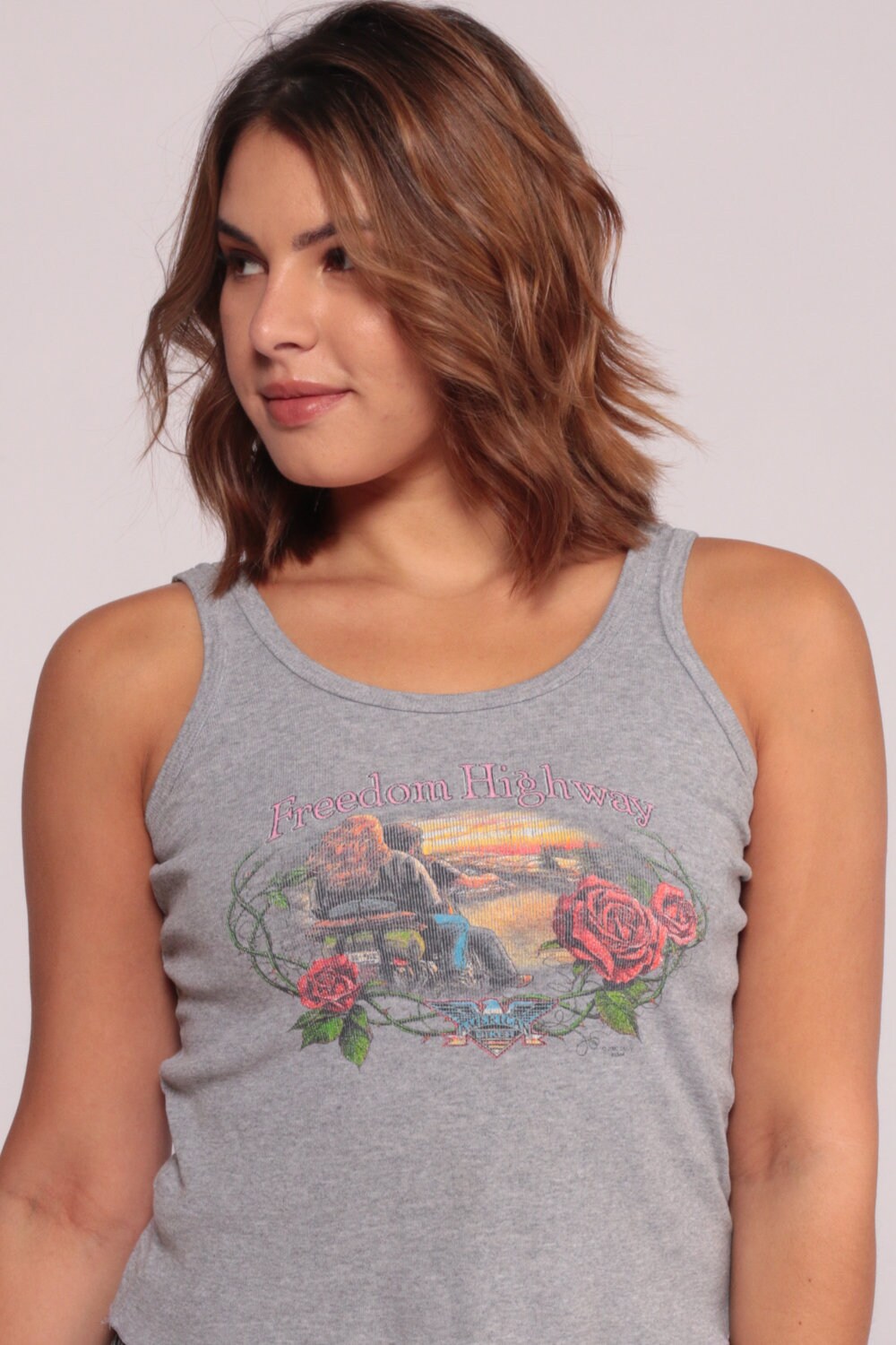 90s American Biker Freedom Highway Motorcycle Tank Top Grey Medium Large
