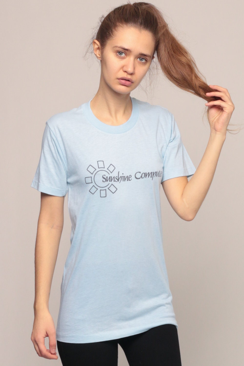 80s Sunshine Computer Graphic T-Shirt Baby Blue Burnout Tee Extra Small