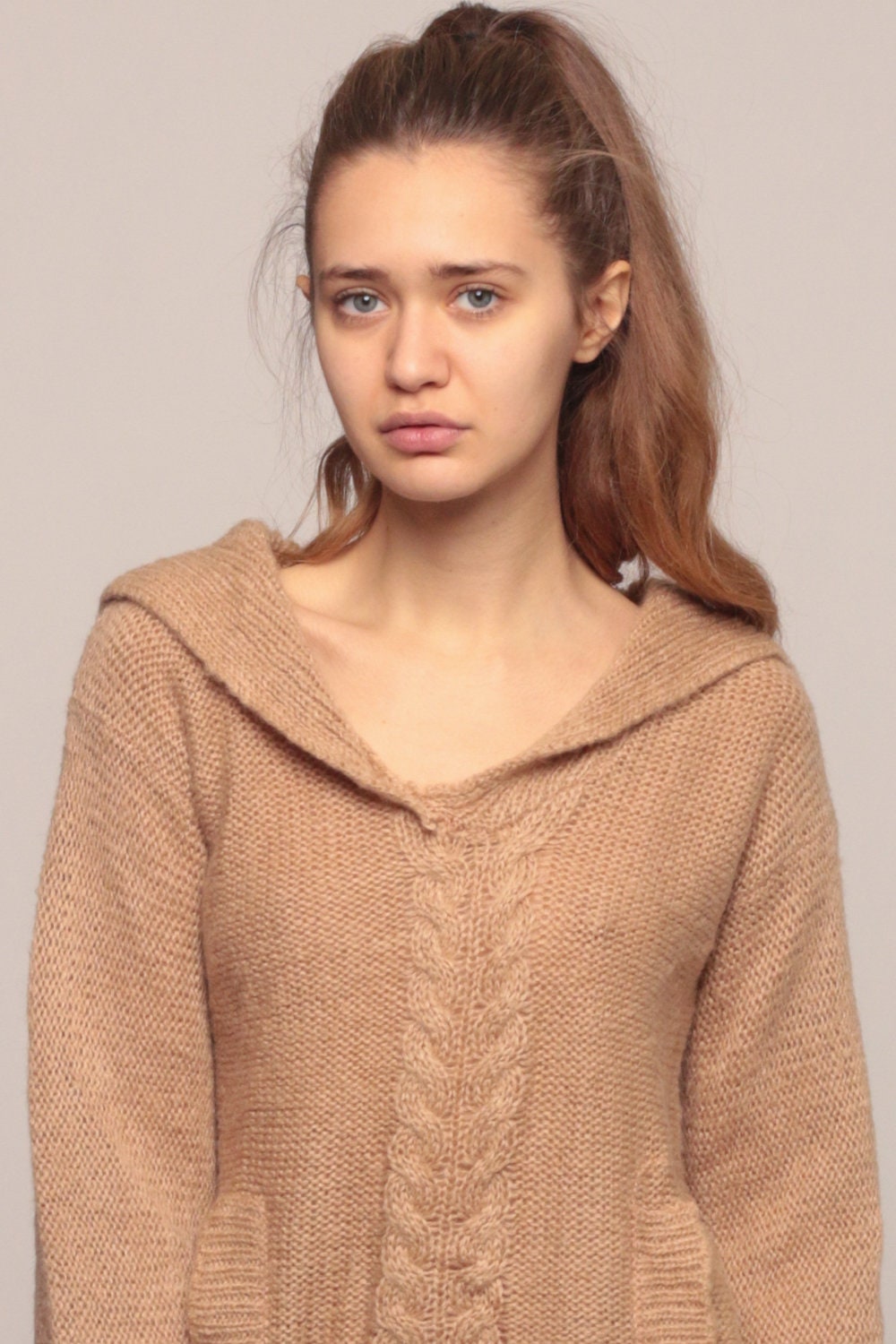 70s Tan Cable Knit Sweater Sailor Collar Semi-Sheer Pullover Medium
