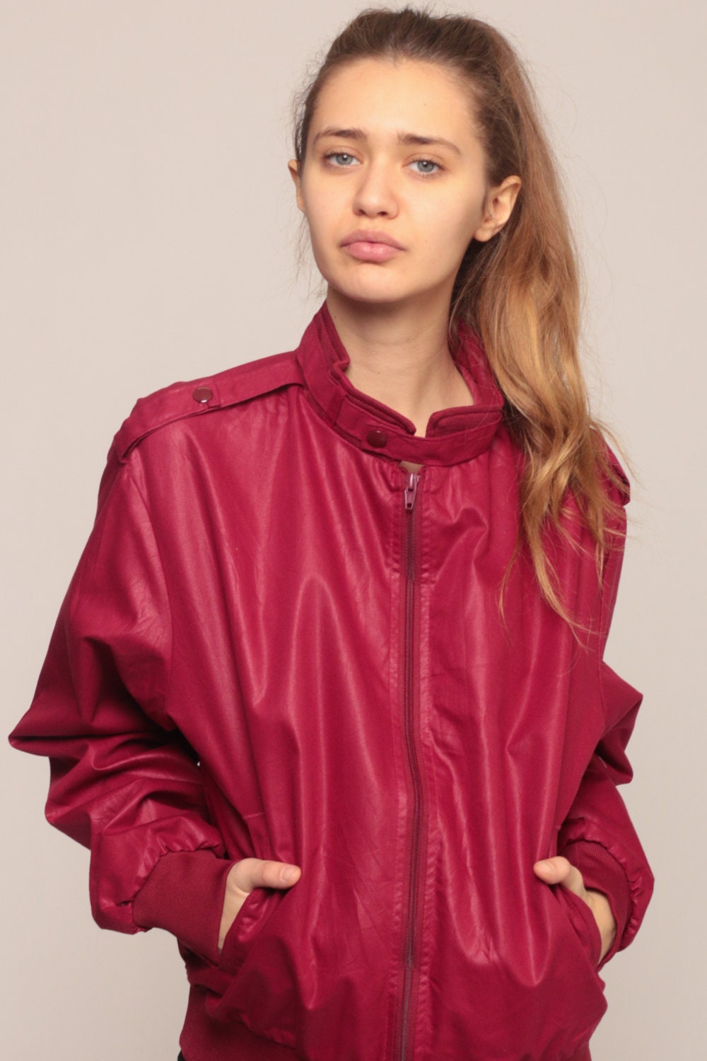80s Burgundy Bomber Jacket Cafe Racer Windbreaker Unisex Medium Large