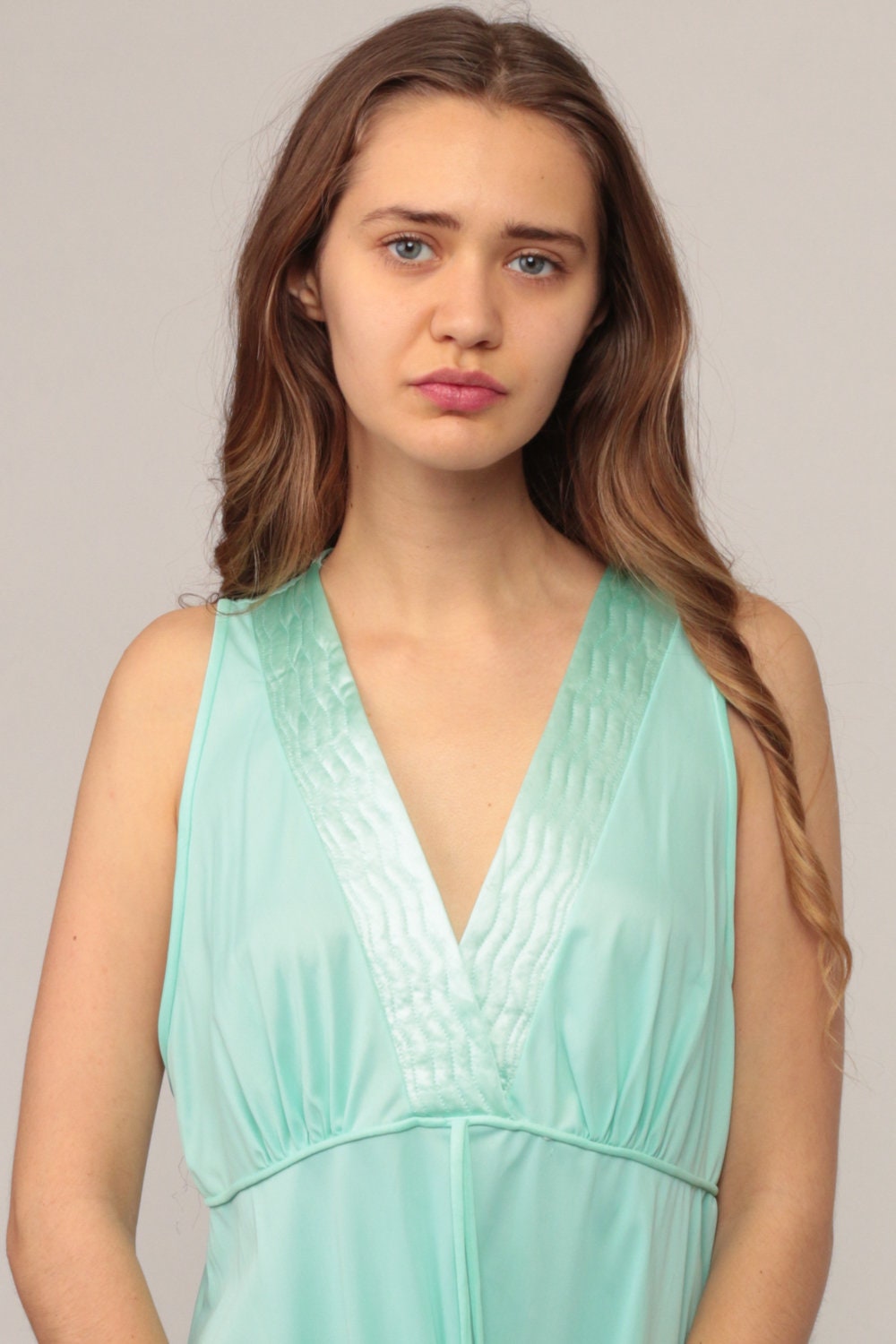 70s Seafoam Green Nylon Nightgown Mini Slip Dress Empire Waist Plunge Large