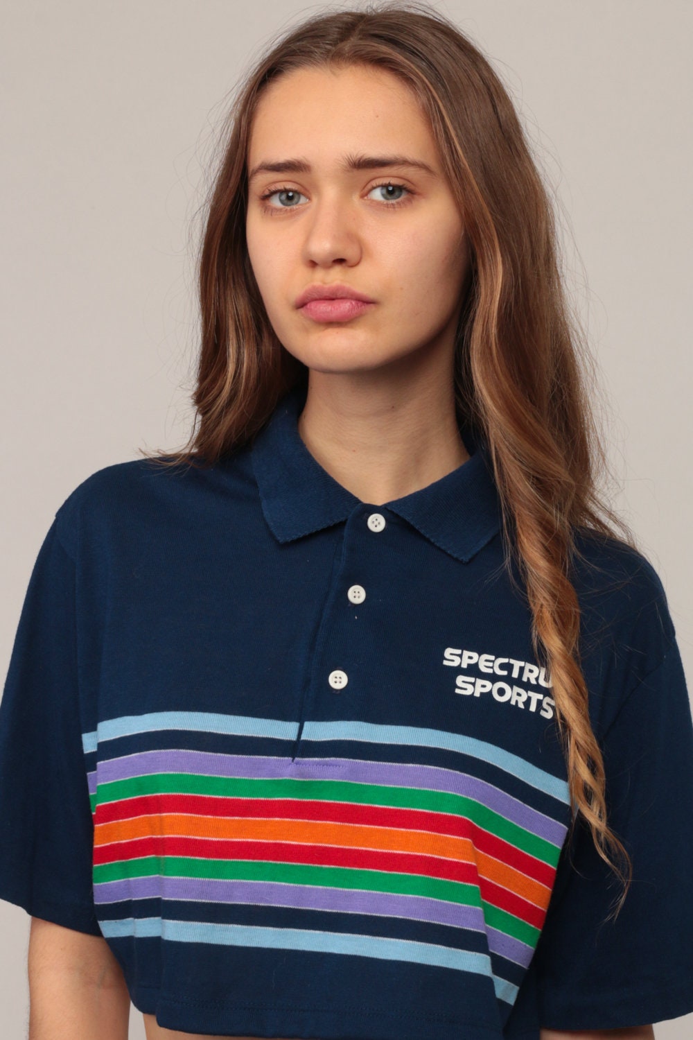 80s Spectrum Sports Rainbow Striped Polo Crop Top Blue Small Medium