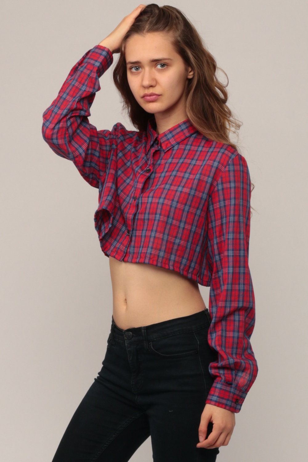 80s Plaid Crop Top Button-Up Blouse Red Blue Long Sleeve Small Medium