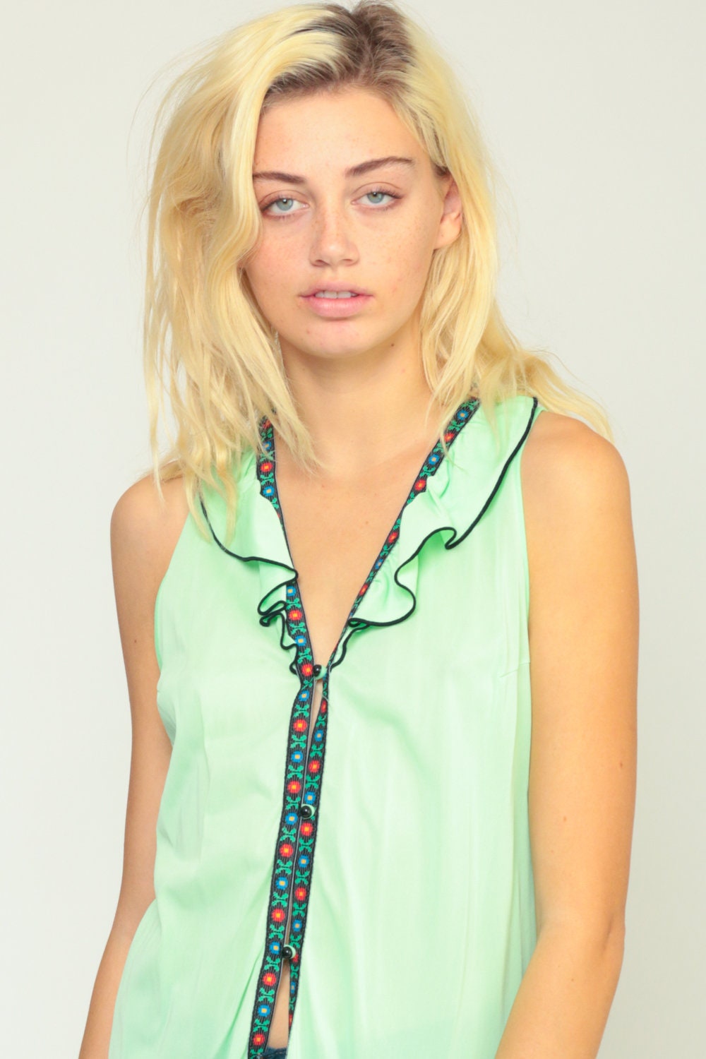 70s Neon Green Ruffle Tank Top Silky Nylon Lingerie Shirt Small