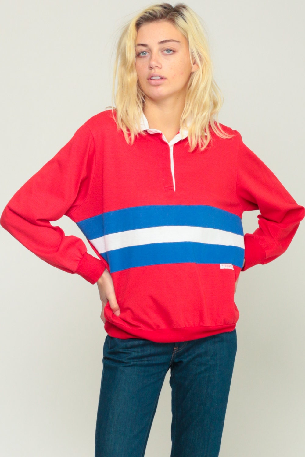 80s Polo Striped Sweatshirt Red White Blue Button Chest Extra Large