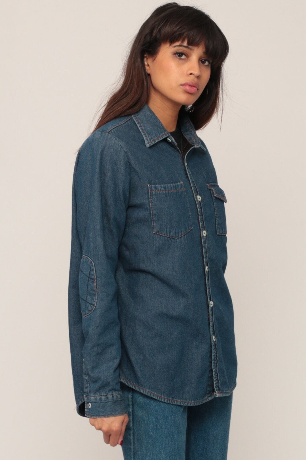90s Blue Denim Button-Up Shirt Lined Long Sleeve Small Medium