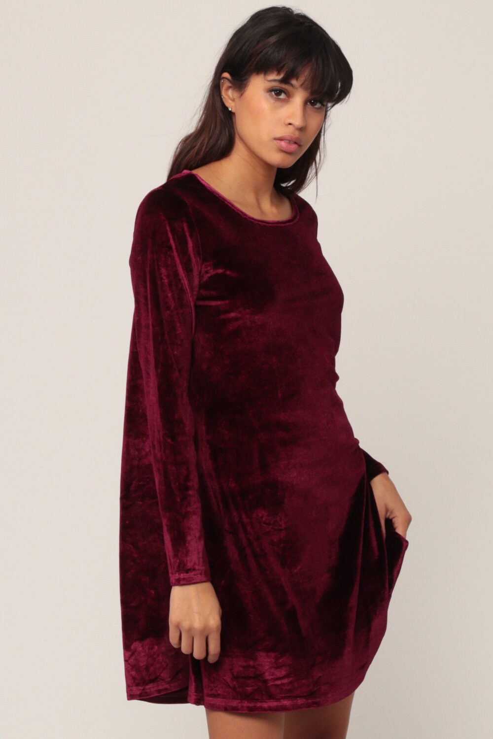 90s Burgundy Velvet Mini Dress Long Sleeve A-Line Small