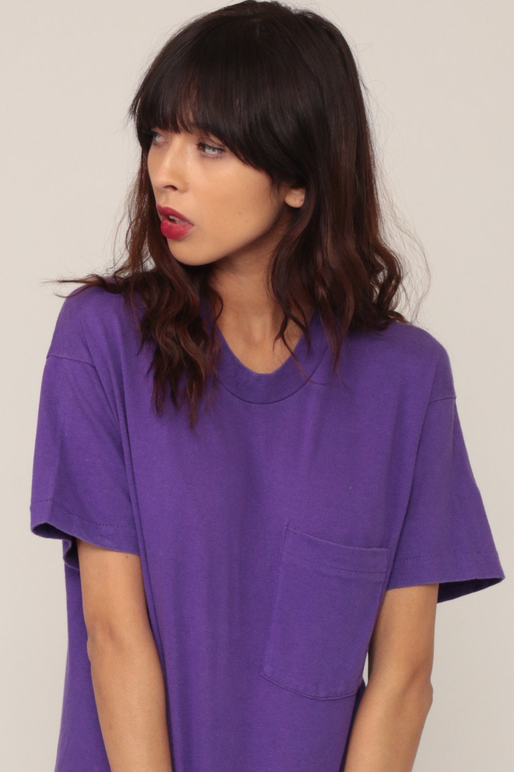 80s Purple Pocket T-Shirt Cotton Crewneck Tee Medium Large
