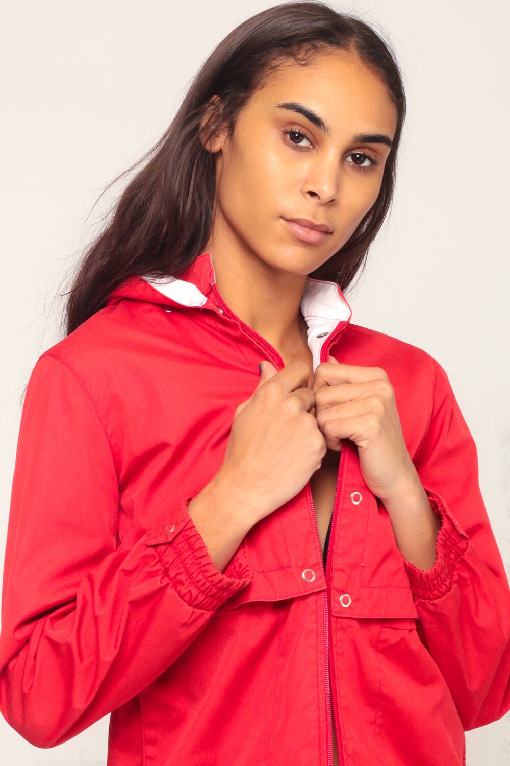 80s Red Hooded Jacket Convertible Vest Windbreaker Cropped Small