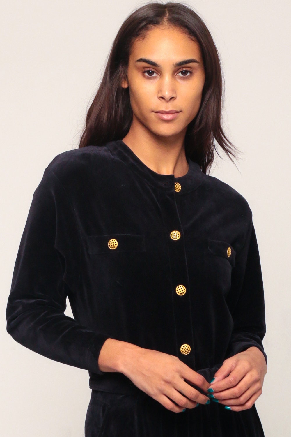 80s Black Velour Jumpsuit Stirrup Tapered Belted Button-Up Small