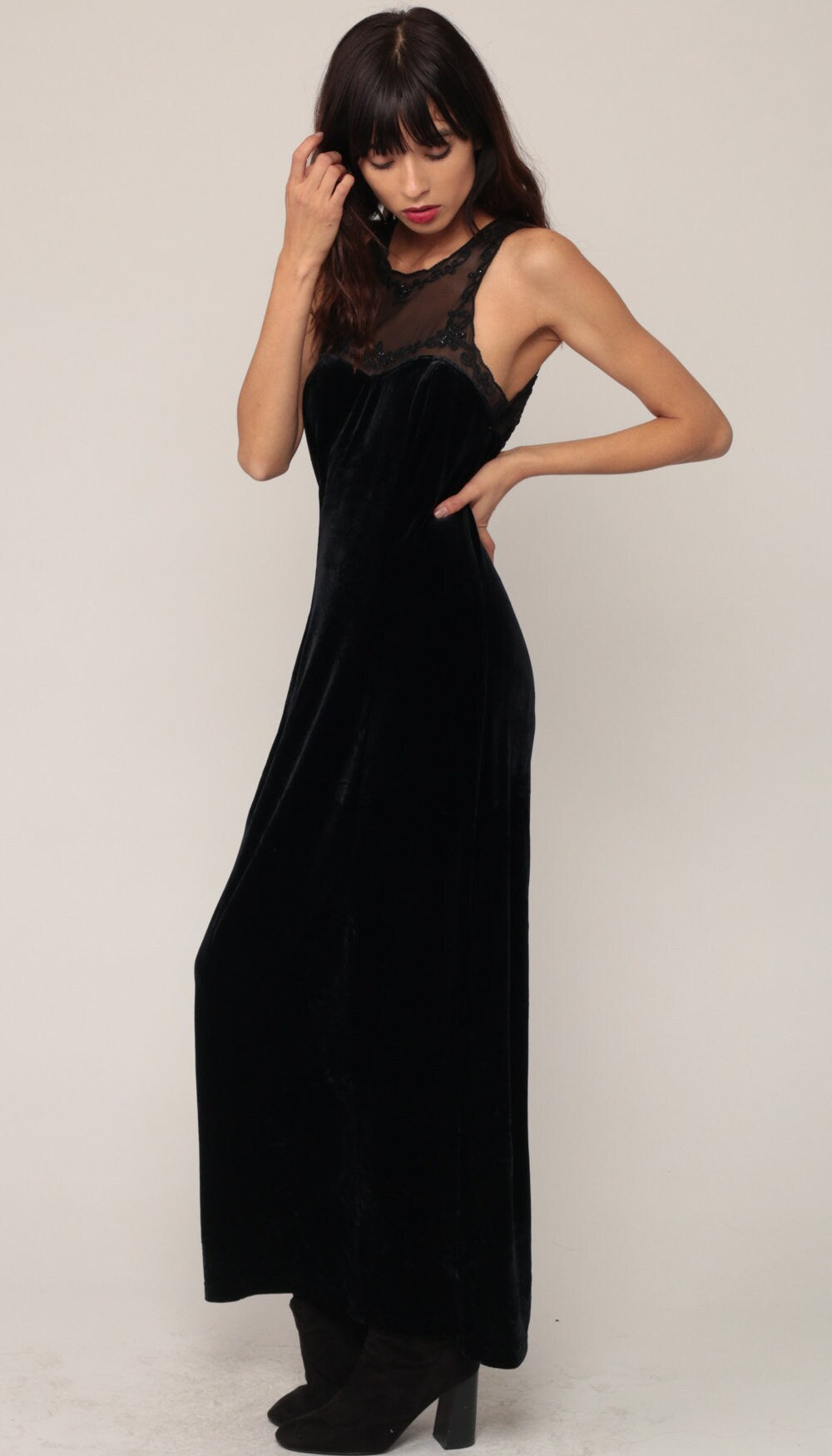 90s Black Velvet Maxi Dress Sequin Mesh Neckline Bodycon Small Medium