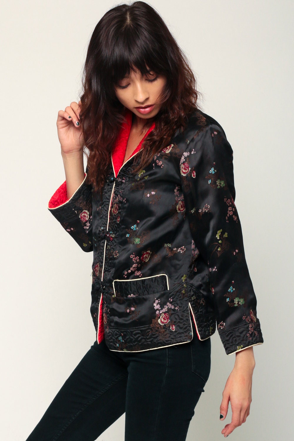 90s Chinese Reversible Satin Jacket Black Red Embroidered Mandarin Collar Small