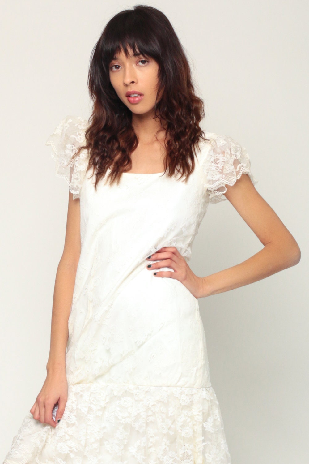 80s White Lace Mini Dress Puff Sleeve Drop Waist Party Gown Extra Small