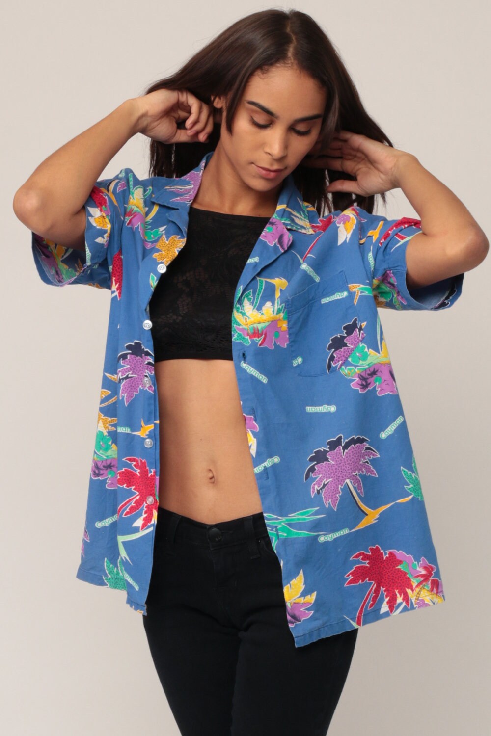 80s Cayman Islands Tropical Palm Tree Button-Up Shirt Blue Unisex Large