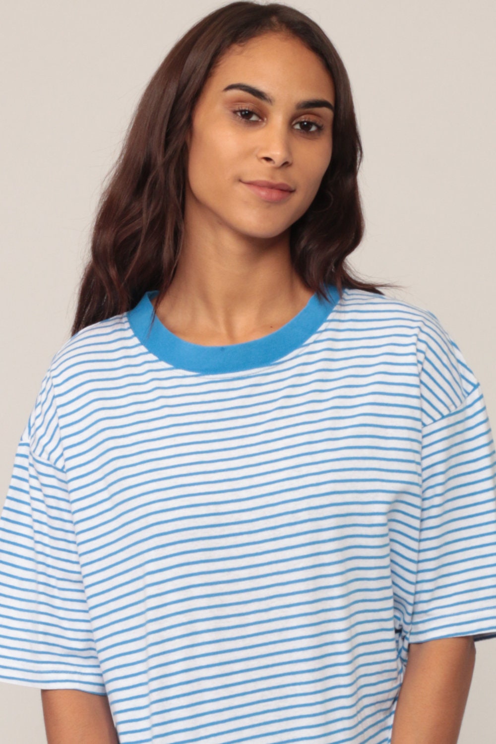 90s Blue & White Striped Ringer T-Shirt Unisex Cotton Tee Large