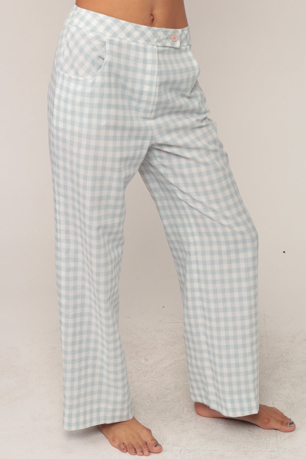 70s Green White Gingham Wide Leg Trousers High Waist Plaid Small