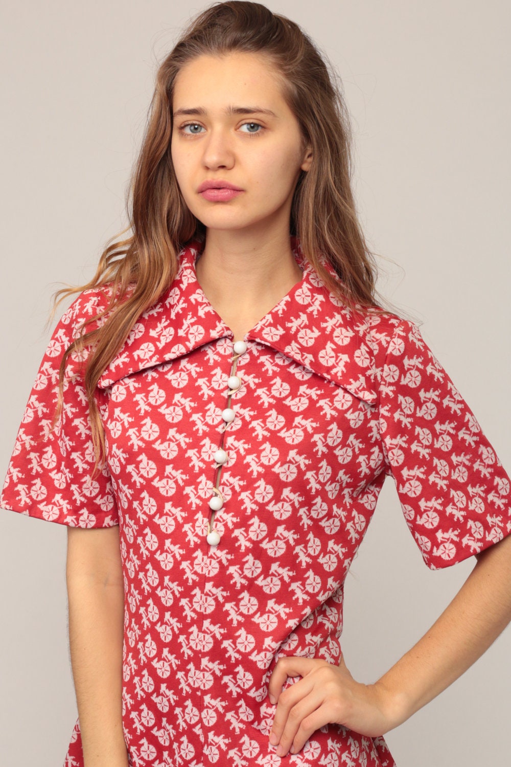 70s Rickshaw Print Shift Mini Dress Button Up Red Large