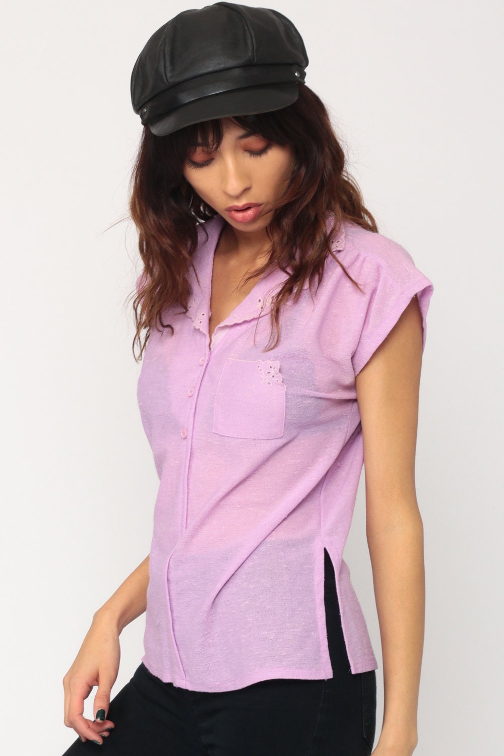 70s Lavender Button-Up Blouse Cap Sleeve Floral Eyelet Cutout Small Medium
