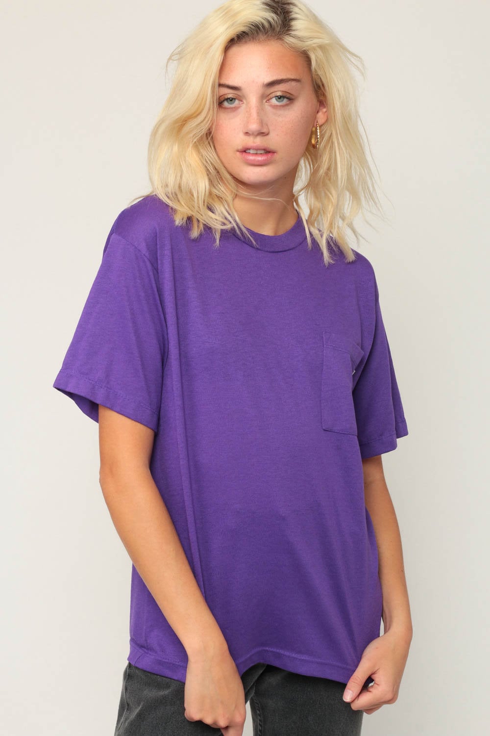 80s Purple T-Shirt Pocket Tee Cotton Blend Women's Small