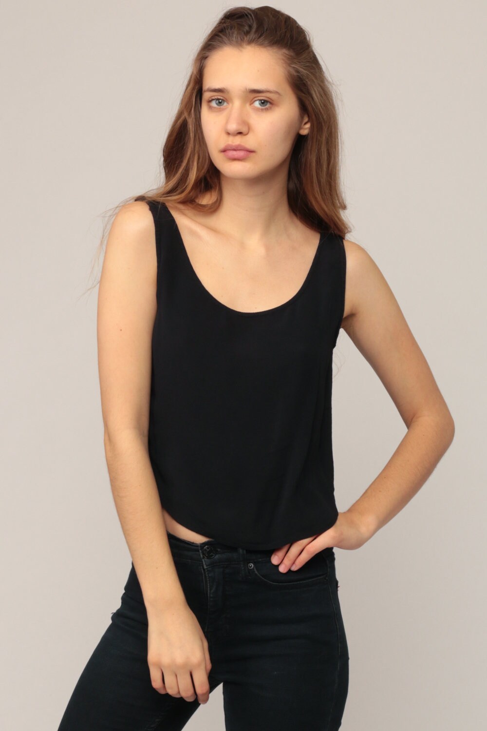 90s Black Rayon Tank Top Sleeveless Shirt Extra Small
