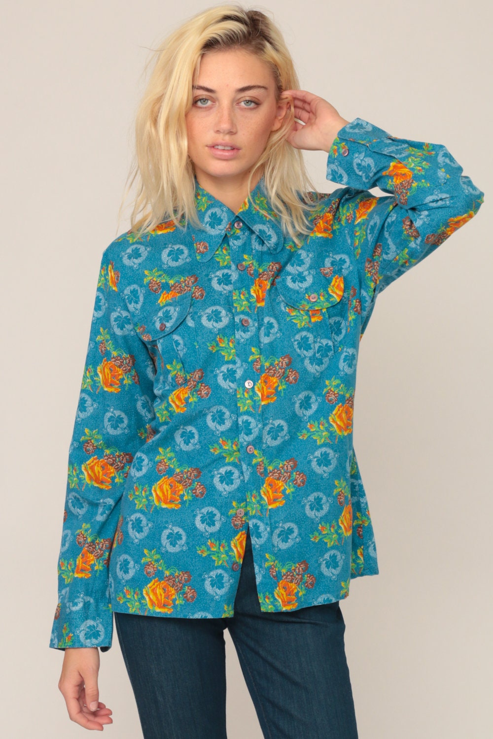 70s Blue Floral Button-Up Blouse Long Sleeve Pointed Collar Medium